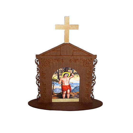 Imagem de Display Enfeite de Mesa Religioso Capelinha Oratório São Sebastião 20cm Mdf Madeira Imbuia