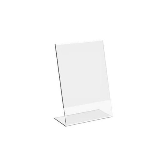 Imagem de Display Expositor Suporte PS Acrilico em L tamanho A7 7,5x10cm de mesa e balcão no formato vertical