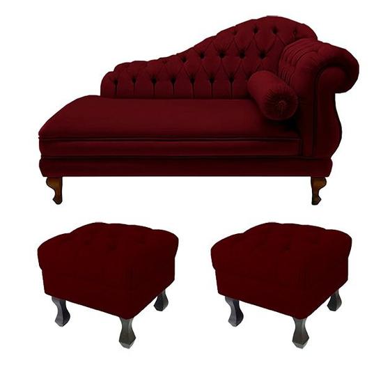 Imagem de Divã Recamier Larissa 150cm Esquerdo de Quem Senta E 2 Puffs Retrô Suede Vermelho Bordô - DL DECOR