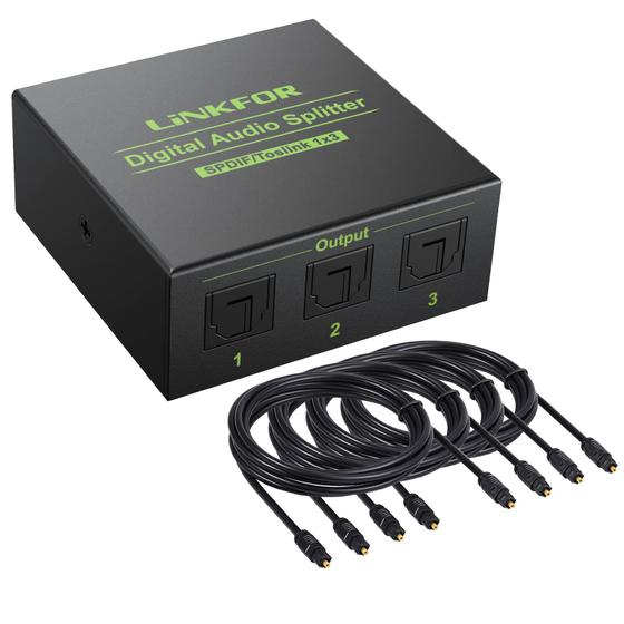 Imagem de Divisor de Áudio Digital Toslink 3 Portas com 4 Cabos