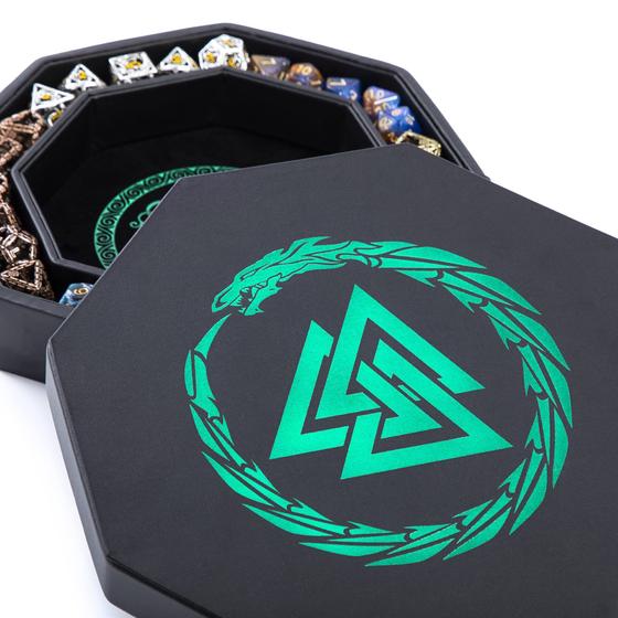 Imagem de DND Dice Tray - Premium 8 Inch Dice Tray Dungeons and Dragons - Beautiful Green Valknut and Dragon Design - Perfect RPG Dice Rolling Tray with D&D Dice Box Storage to Protect Dice