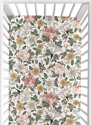 Imagem de Doce Jojo Projeta Vintage Floral Boho Girl Equipado Crib Sheet Baby ou Toddler Bed Nursery - Blush Pink, Yellow, Green and White Shabby Chic Rose Flower Farmhouse