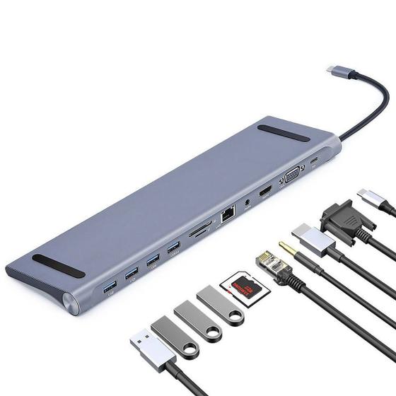 Imagem de Dock Station 11 em 1 USB Tipo C para Lan Gigabit 3xUSB 2.0 1xUSB 3.0 VGA H.D.M.I SD P2 PD BYL-2003