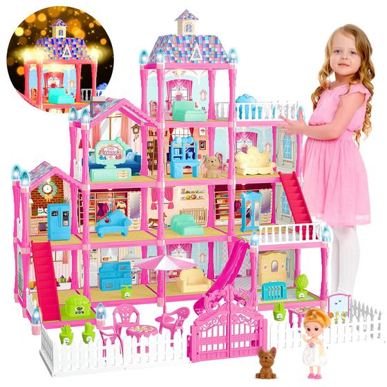 Imagem de Doll House OCTERIC 11 quartos com bonecas, cachorros e móveis rosa