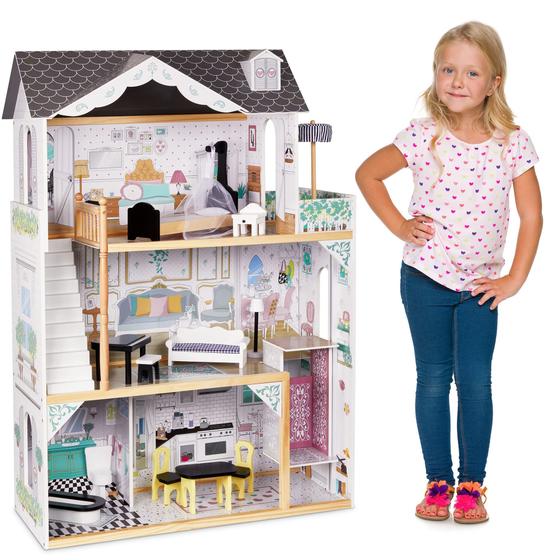 Imagem de Dollhouse Lil' Jumbl Kids de madeira de 3 andares com elevador e varanda