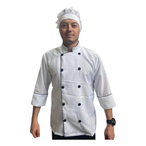 Imagem de Dolma branca m com friso e botão preto manga 3/4 unissex chef jaleco cozinha