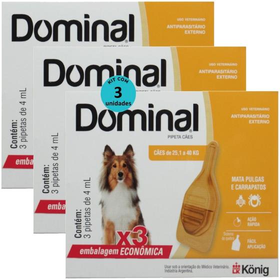 Imagem de Dominal pipeta para cães 25,1 a 40kg 4ml laranja 3 unid. kit com 3 cxs prevenção de pulgas e carrapatos