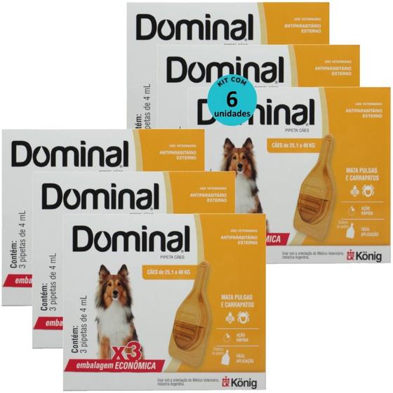 Imagem de Dominal pipeta para cães 25,1 a 40kg 4ml laranja 3 unid. kit com 6 cxs prevenção de pulgas e carrapatos