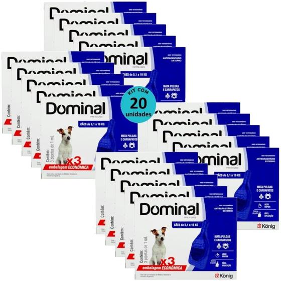 Imagem de Dominal pipeta para cães 5,1 a 10kg 1ml azul 3 unid. kit com 20 cxs prevenção de pulgas e carrapatos