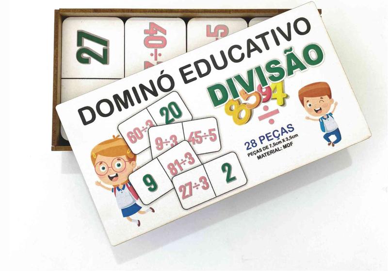 Imagem de Dominó jogo educativo pedagógico mdf matemático divisão 28pcs mega impress