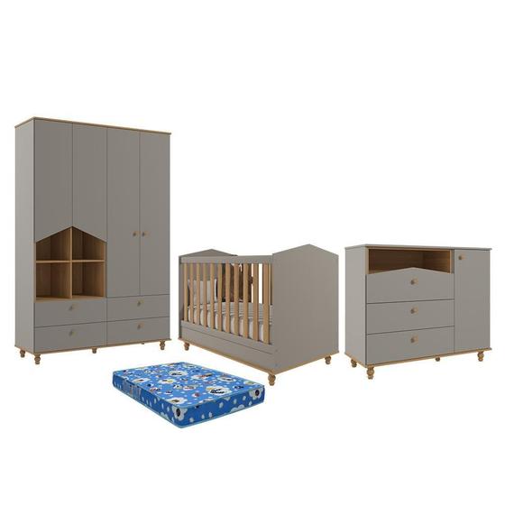 Imagem de Dormitório Casinha Guarda Roupa, Cômoda 1 Porta e Berço Mimo com Colchão Physical - Permóbili Baby