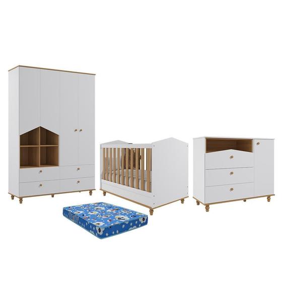 Imagem de Dormitório Casinha Guarda Roupa, Cômoda 1 Porta e Berço Mimo com Colchão Physical - Permóbili Baby