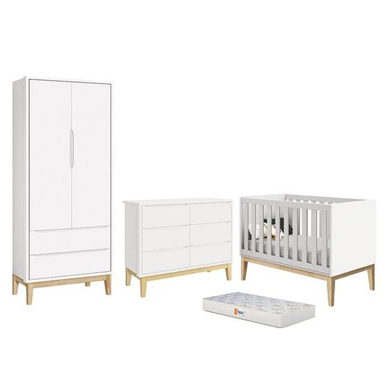 Imagem de Dormitório Completo Infantil Classic 2 Portas, Cômoda 6 Gavetas, Berço Branco Fosco com Pés Madeira Natural e Colchão D18 - Reller Móveis
