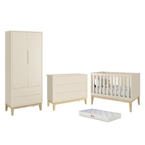 Imagem de Dormitório Completo Infantil Classic 2 Portas, Cômoda 6 Gavetas, Berço com Pés Madeira Natural e Colchão D18 - Reller Móveis