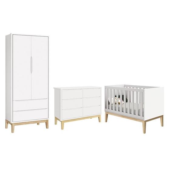 Imagem de Dormitório Completo Infantil Classic 2 Portas, Cômoda 6 Gavetas e Berço Branco Fosco com Pés Madeira Natural - Reller Móveis