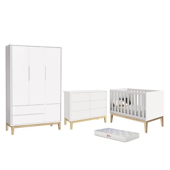 Imagem de Dormitório Completo Infantil Classic 3 Portas, Cômoda 6 Gavetas, Berço Branco Fosco com Pés Madeira