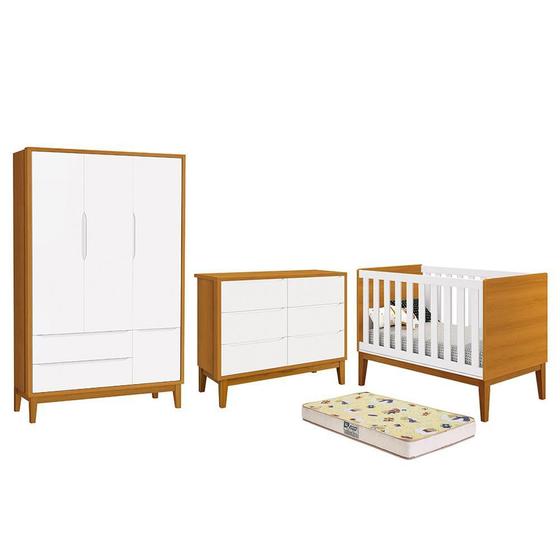 Imagem de Dormitório Completo Infantil Classic 3 Portas, Cômoda 6 Gavetas, Berço com Pés Amadeirado e Colchão D18 - Reller Móveis