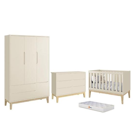 Imagem de Dormitório Completo Infantil Classic 3 Portas, Cômoda 6 Gavetas, Berço com Pés Madeira Natural e Colchão D18 - Reller Móveis