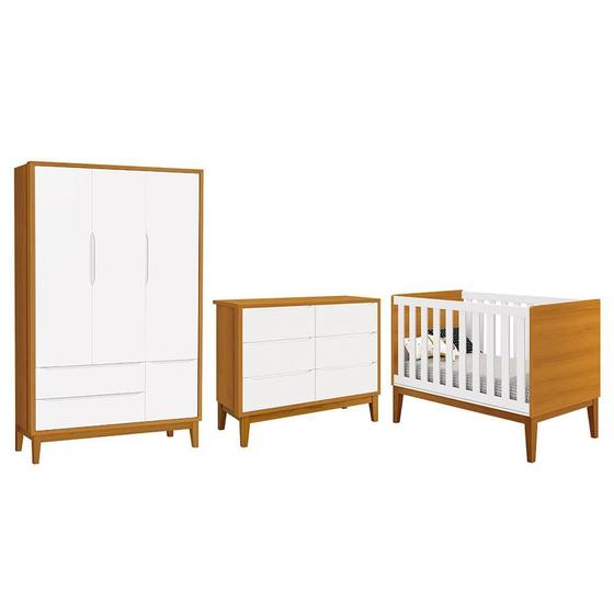 Imagem de Dormitório Completo Infantil Classic 3 Portas, Cômoda 6 Gavetas e Berço com Pés Amadeirado - Reller Móveis
