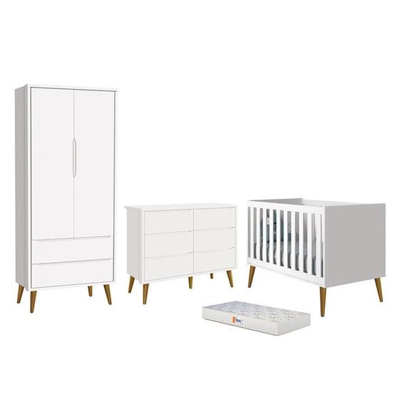 Imagem de Dormitório Completo Infantil Theo 2 Portas, Cômoda 6 Gavetas, Berço Branco Fosco com Pés Amadeirado e Colchão D18 - Reller Móveis