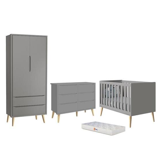 Imagem de Dormitório Completo Infantil Theo 2 Portas, Cômoda 6 Gavetas, Berço Cinza Fosco com Pés Madeira Naturale Colchão D18 - Reller Móveis