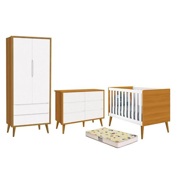 Imagem de Dormitório Completo Infantil Theo 2 Portas, Cômoda 6 Gavetas, Berço com Pés Amadeirado e Colchão D18 - Reller Móveis