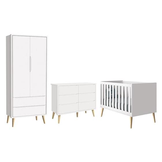 Imagem de Dormitório Completo Infantil Theo 2 Portas, Cômoda 6 Gavetas e Berço Branco Fosco com Pés Madeira Natural- Reller Móveis