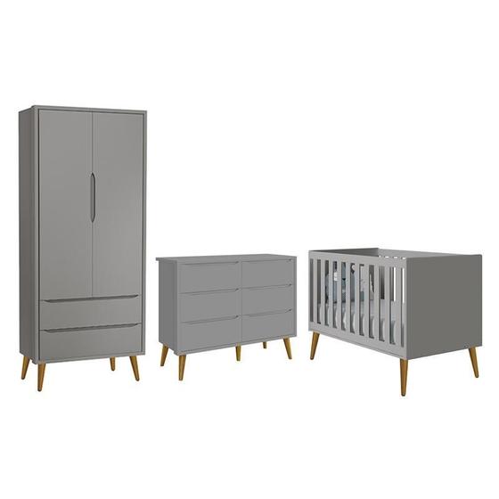 Imagem de Dormitório Completo Infantil Theo 2 Portas, Cômoda 6 Gavetas e Berço Cinza Fosco com Pés Amadeirado - Reller Móveis