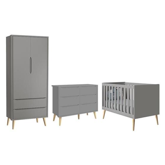 Imagem de Dormitório Completo Infantil Theo 2 Portas, Cômoda 6 Gavetas e Berço Cinza Fosco com Pés Madeira Natural- Reller Móveis