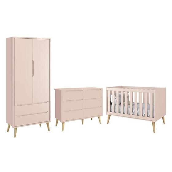 Imagem de Dormitório Completo Infantil Theo 2 Portas, Cômoda 6 Gavetas e Berço Rosa Fosco com Pés Madeira Natural - Reller Móveis