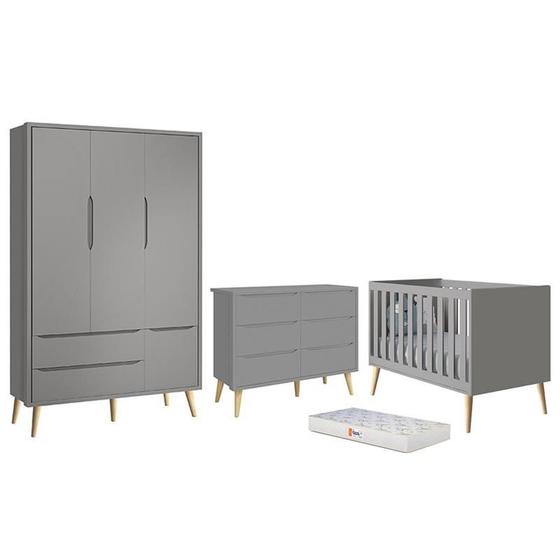 Imagem de Dormitório Completo Infantil Theo 3 Portas, Cômoda 6 Gavetas, Berço Cinza Fosco com Pés Madeira Naturale Colchão D18 - Reller Móveis