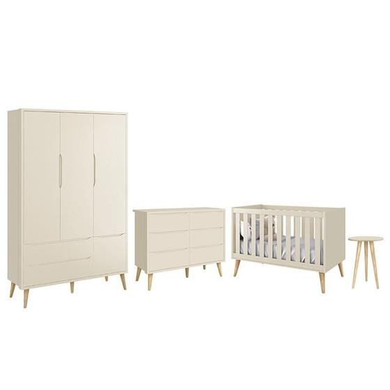 Imagem de Dormitório Completo Infantil Theo 3 Portas, Cômoda 6 Gavetas, Berço e Mesa de Canto com Pés Madeira Natural- Reller Móveis