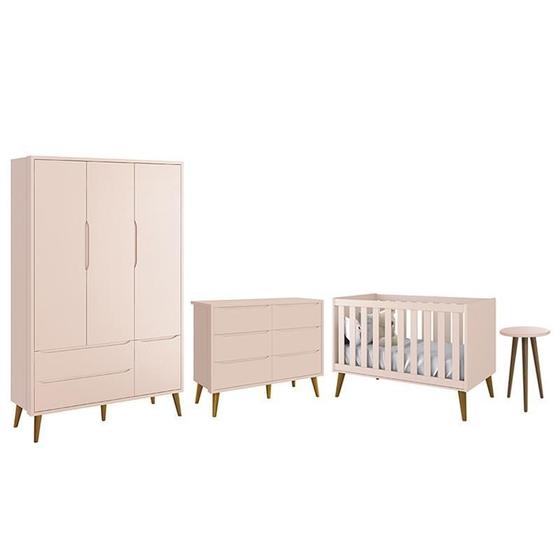 Imagem de Dormitório Completo Infantil Theo 3 Portas, Cômoda 6 Gavetas, Berço e Mesa de Canto Rosa Fosco com Pés Amadeirado - Reller Móveis