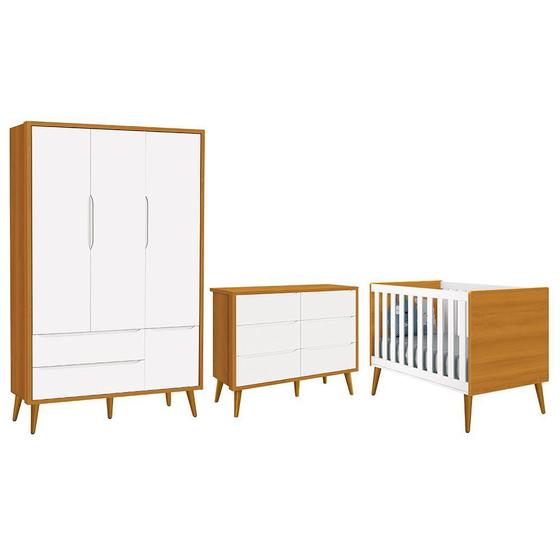 Imagem de Dormitório Completo Infantil Theo 3 Portas, Cômoda 6 Gavetas e Berço com Pés Amadeirado - Reller Móveis