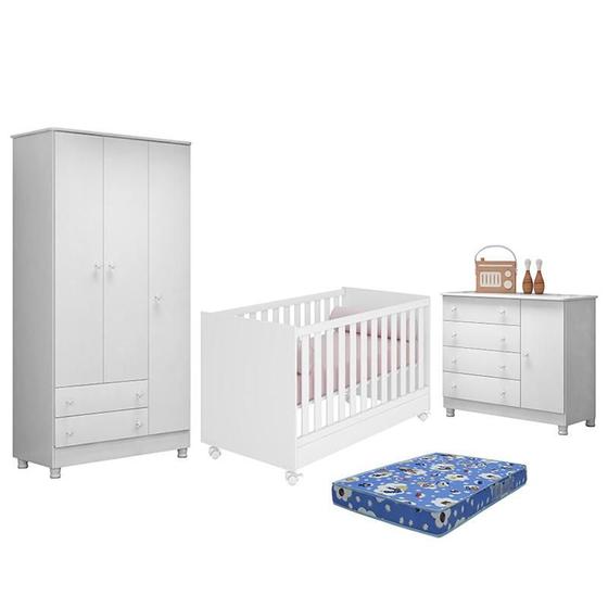 Imagem de Dormitório Doce Sonho 3 Portas, Cômoda 1 Porta, Berço Mini Cama Branco com Rodízio e Colchão - Qmovi