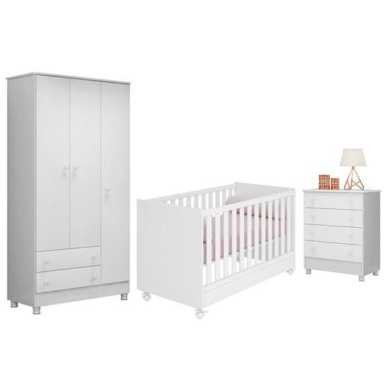 Imagem de Dormitório Doce Sonho 3 Portas, Cômoda 4 Gavetas e Berço Mini Cama Branco com Rodízio - Qmovi