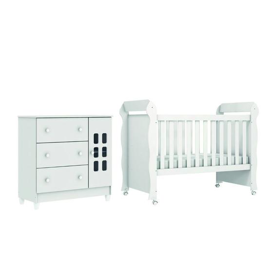 Imagem de Dormitório Infantil Berço Americano Mini Cama 2 em 1 Com Rodízios Mimo e Cômoda Luna Branco