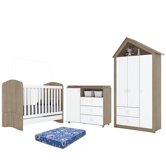 Imagem de Dormitório Infantil Casinha Guarda Roupa, Cômoda e Berço Rústico/Branco com Colchão - Móveis Henn