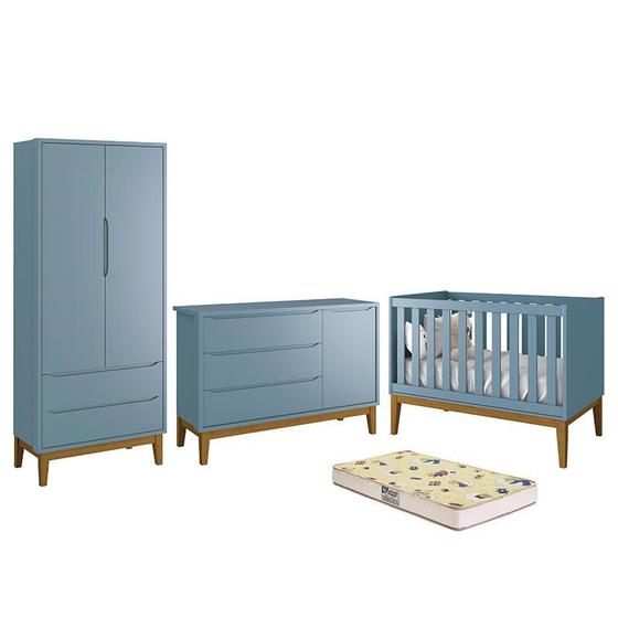 Imagem de Dormitório Infantil Classic 2 Portas, Cômoda 1 Porta, Berço Azul com Pés Amadeirado e Colchão D18 - Reller Móveis