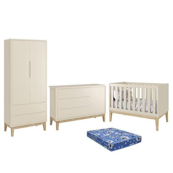 Imagem de Dormitório Infantil Classic 2 Portas, Cômoda 1 Porta, Berço com Pés Madeira Natural e Colchão - Reller Móveis