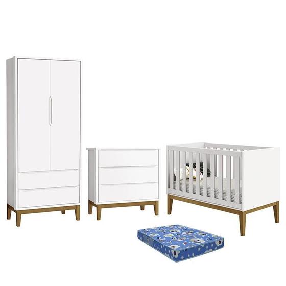 Imagem de Dormitório Infantil Classic 2 Portas, Cômoda 3 Gavetas, Berço Branco com Pés Amadeirado e Colchão - Reller Móveis