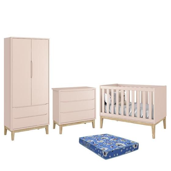 Imagem de Dormitório Infantil Classic 2 Portas, Cômoda 3 Gavetas, Berço Rosa Fosco com Pés Madeira Natural e Colchão - Reller Móveis