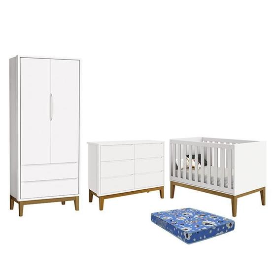 Imagem de Dormitório Infantil Classic 2 Portas, Cômoda 6 Gavetas, Berço Branco Fosco com Pés Amadeirado e Colchão - Reller Móveis
