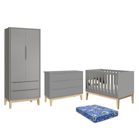 Imagem de Dormitório Infantil Classic 2 Portas, Cômoda 6 Gavetas, Berço Cinza Fosco com Pés Madeira Natural e Colchão - Reller Móveis