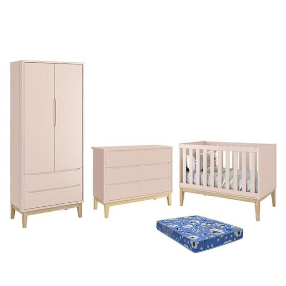Imagem de Dormitório Infantil Classic 2 Portas, Cômoda 6 Gavetas, Berço Rosa Fosco com Pés Madeira Natural e Colchão - Reller Móveis