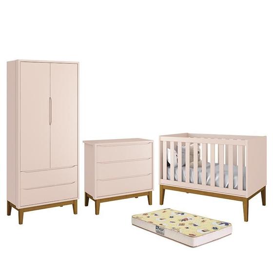 Imagem de Dormitório Infantil Classic 2 Portas, Cômoda, Berço Rosa com Pés Amadeirado e Colchão D18 - Reller Móveis