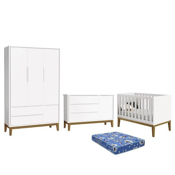 Imagem de Dormitório Infantil Classic 3 Portas, Cômoda 1 Porta, Berço Branco com Pés Amadeirado e Colchão - Reller Móveis