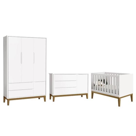 Imagem de Dormitório Infantil Classic 3 Portas, Cômoda 1 Porta e Berço Branco Fosco com Pés Amadeirado - Reller Móveis