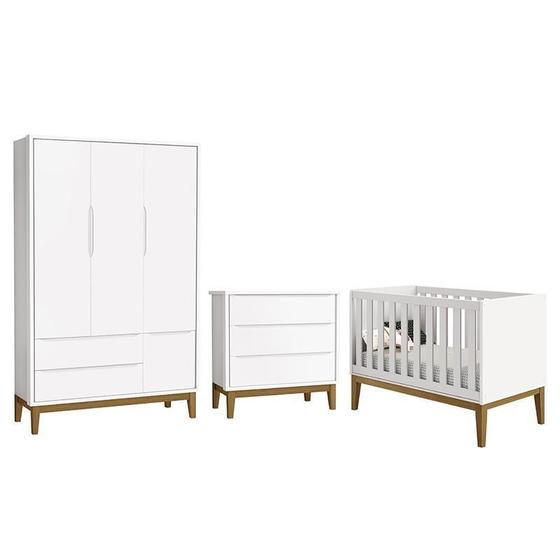Imagem de Dormitório Infantil Classic 3 Portas, Cômoda 3 Gavetas e Berço Branco Fosco com Pés Amadeirado - Reller Móveis
