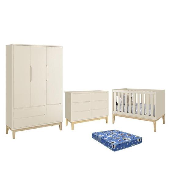 Imagem de Dormitório Infantil Classic 3 Portas, Cômoda 6 Gavetas, Berço com Pés Madeira Natural e Colchão - Reller Móveis